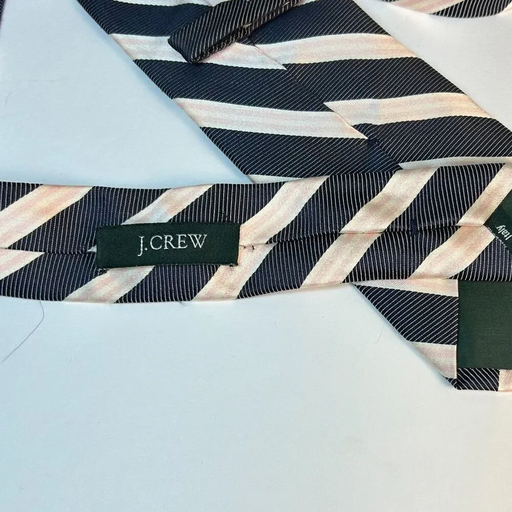 J. Crew Men's Navy Ivory Pink 100% Silk Diagonal Striped Classic Tie